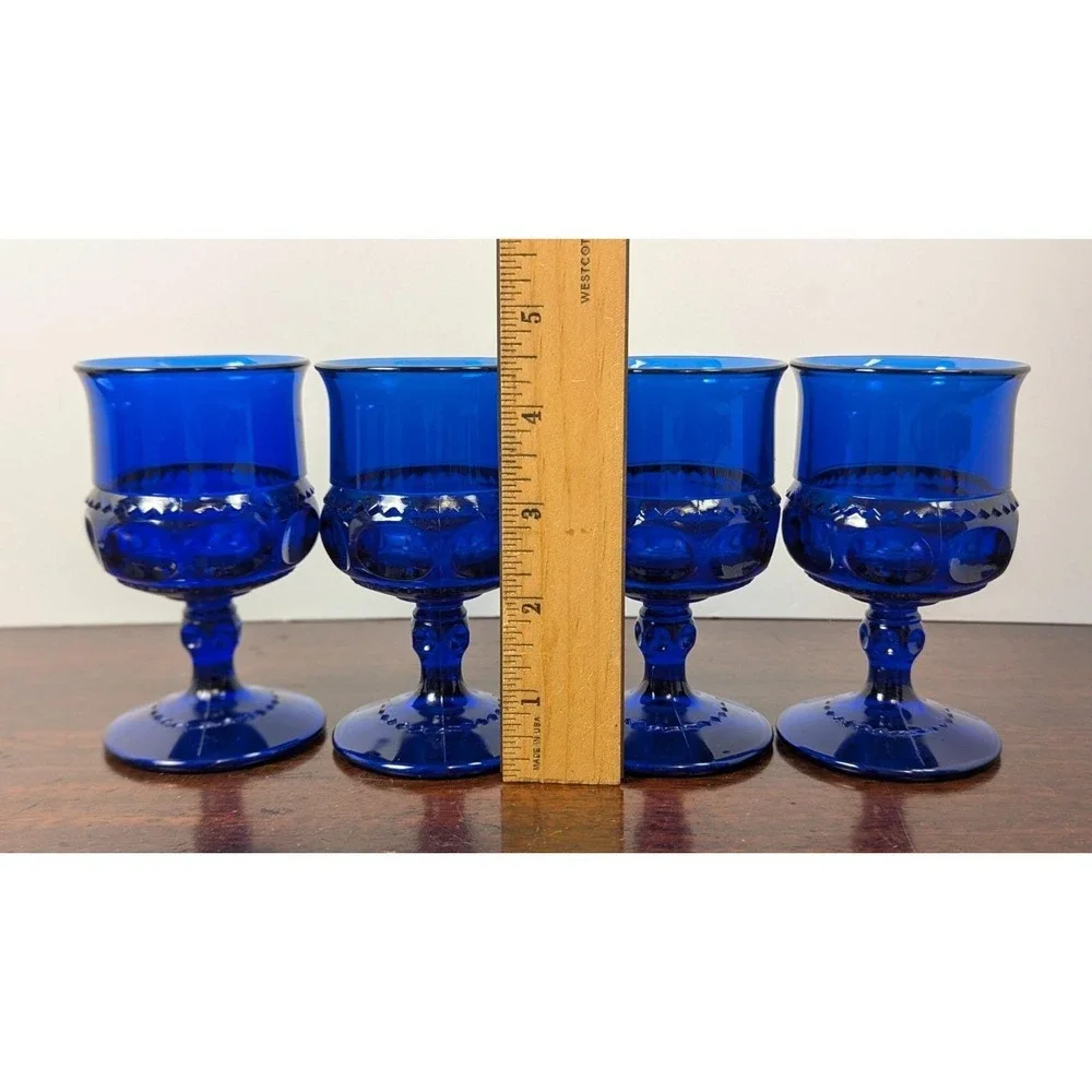 Vintage Cobalt Blue Goblets Set of 4 Paneled Stem Wine Water Glasses 4.5